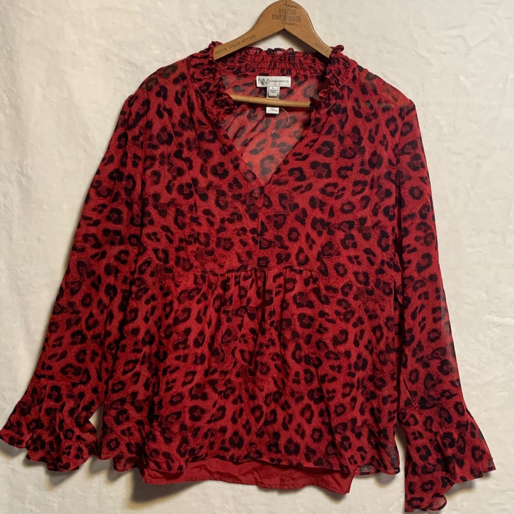Neiman Marcus Red Black Leopard Animal Print Ruffled Bell Sleeve Blouse Womens L